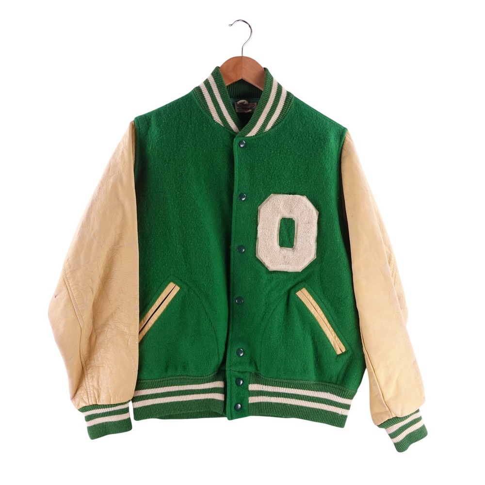 Vintage 30s Sand Knitting Mills Mens 40 Varsity Jacket Green Wool Leather Sleeve